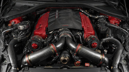 Engine bay with turbocharger, performance tuning parts, and carbon fiber detailsの素材