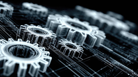 Digital gears and mechanical lines on a futuristic HUD interface illustrating smart automationの素材