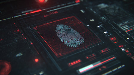 Digital fingerprint scanning animation concept on futuristic biometric security screenの素材