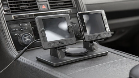 In-car entertainment hub with dual screen setup and wireless device chargingの素材