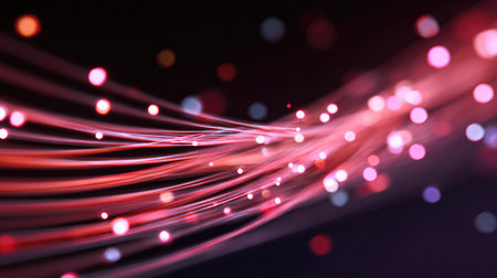 Glowing fiber optic cables symbolize fast digital communication and high-speed dataの素材