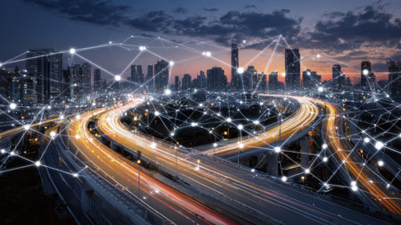 Concept image of a smart city with interconnected digital elements and neon tech overlaysの素材
