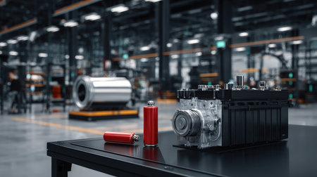 High-voltage battery module for electric vehicle placed on industrial tableの素材