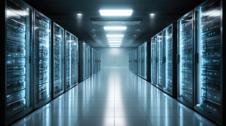 Rows of digital servers in a cool-toned data center glowing with soft blue lightsの素材