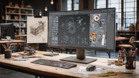 Modern workspace featuring sleek monitor displaying D CAD software and technical sketchesの素材