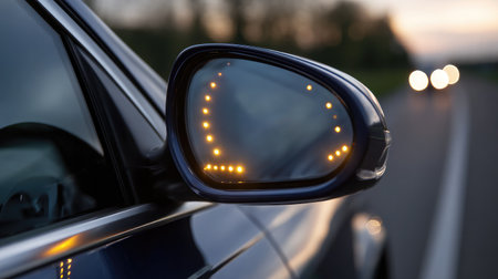 Side mirror with embedded blind spot detection indicators lit upの素材