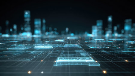 Virtual reality HUD overlay with glowing graphs and holographic layers in digital spaceの素材