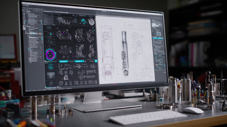 Modern workspace featuring sleek monitor displaying D CAD software and technical sketchesの素材