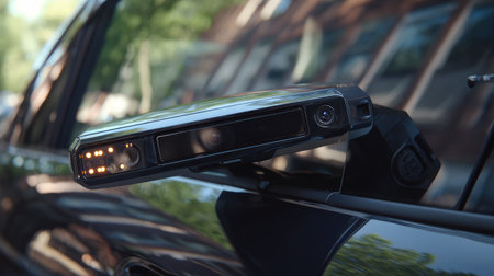 Rearview mirror camera and lane assist sensors mounted on modern windshieldの素材