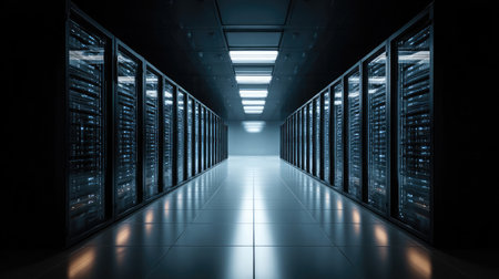 Rows of digital servers in a cool-toned data center glowing with soft blue lightsの素材