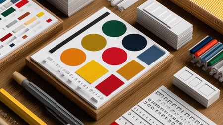 Mood board concept with digital color swatches, grids, and prototype thumbnailsの素材