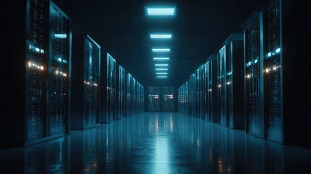 Rows of digital servers in a cool-toned data center glowing with soft blue lightsの素材