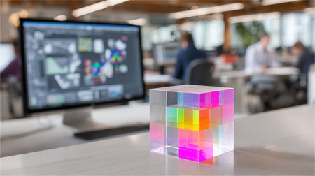 Transparent D printed object on designer's desk with design files on nearby monitorの素材