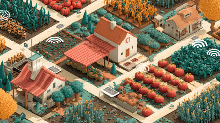 Smart agriculture system interface showing connected sensors and digital crop trackingの素材