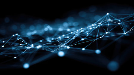 Vibrant image of digital nodes forming a web-like structure, symbolizing internet connectivityの素材