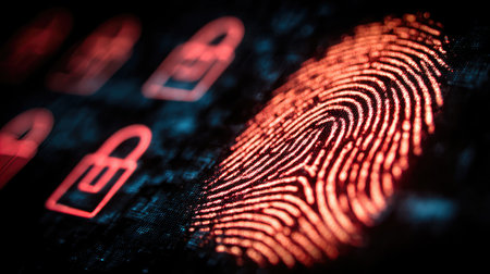 Secure digital login screen with glowing password fields and encrypted fingerprint accessの素材