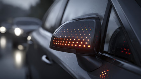 Side mirror with embedded blind spot detection indicators lit upの素材
