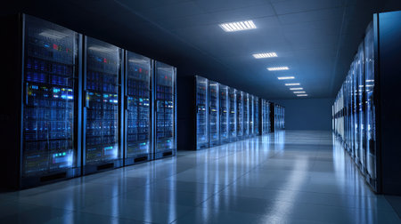 Rows of digital servers in a cool-toned data center glowing with soft blue lightsの素材