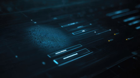 Secure digital login screen with glowing password fields and encrypted fingerprint accessの素材