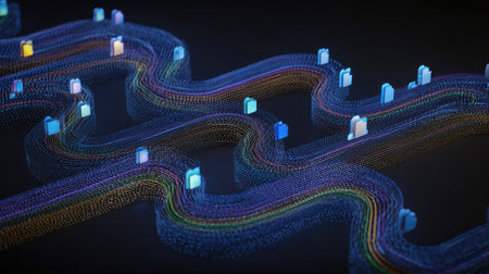 Visualization of cloud-based storage systems with data streams and folder iconsの素材