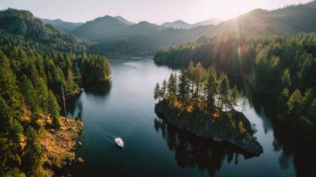 Aerial view of a boat on a peaceful lake with surrounding forested mountains and soft sunlightの素材