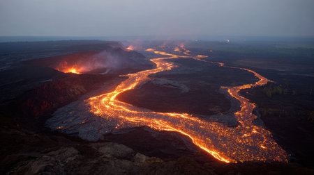 Ash-covered terrain surrounding an active volcano with lava trails glowing faintlyの素材