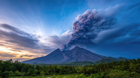 Ash cloud rising above a forest at the base of a massive erupting volcanoの素材