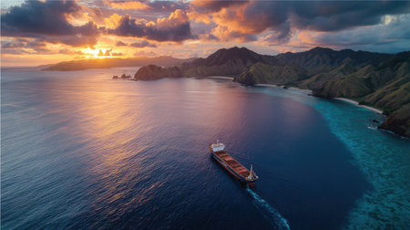 A lone vessel on clear blue water as the sun sets behind majestic mountain ridgesの素材
