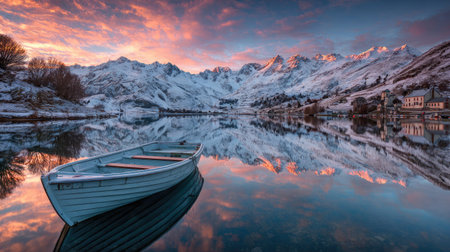 An idyllic scene of tranquil lake waters with a boat in the foreground and snowy peaks glowing at sunriseの素材