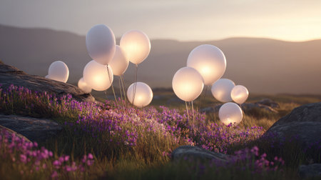 A cluster of glowing solar balloons hovering above wildflowers in bloomの素材