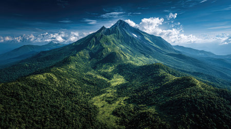 A dormant volcano surrounded by dense green forest under a clear blue skyの素材