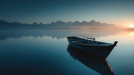 A dreamy sunrise behind misty mountains and a tiny anchored boat reflecting perfectly on a smooth lakeの素材