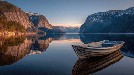A mountain lake in golden hour with a boat casting soft reflections on the mirrored surfaceの素材
