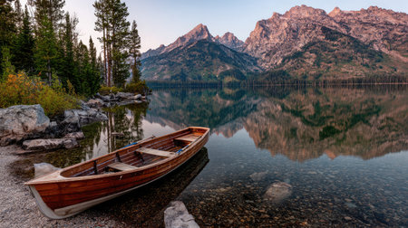 A rowboat drifts gently on a glassy lake surrounded by majestic mountains, bathed in soft sunset lightの素材