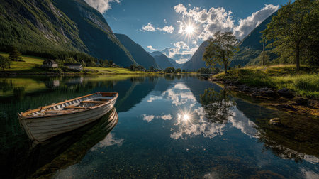 A moored boat in a mountain cove bathes in the gentle afternoon light with a sunburst in the skyの素材