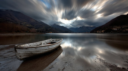 A long exposure shows soft ripples around a still boat on a mountain lake with dramatic light from a low sunの素材