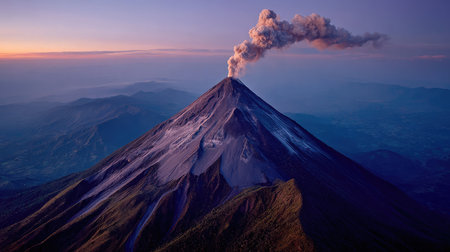 Aerial view of a conical volcano with steam rising from its summit in early morning lightの素材