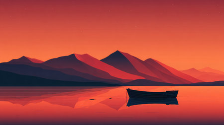 A simple scene of boat and mountains under a vivid orange and purple sunset, serene and untouchedの素材