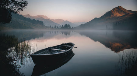 A lonely boat floats near the edge of a misty lake with mountains catching the first rays of dawnの素材