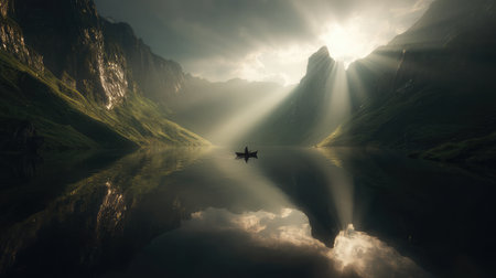 A tiny boat floats in solitude beneath a mountain ridge as sun rays shimmer across the lake surfaceの素材