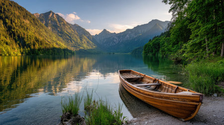 Calm and peaceful lake view with low golden sunlight and one wooden boat by a tree-lined mountain shoreの素材
