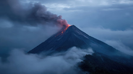 A smoldering volcano shrouded in mist with faint lava glow through thick smokeの素材