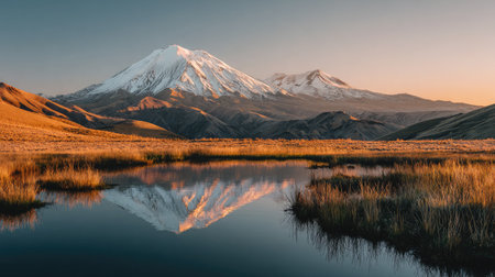 Calm volcano mirrored in shallow reflective water pool at golden hourの素材