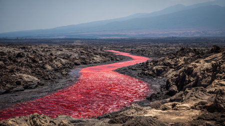 Cooling lava river snaking down from a crater into a rocky landscapeの素材