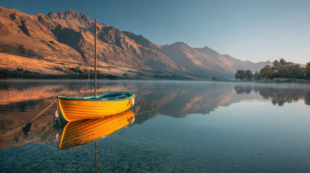 Boat anchored in crystal waters reflects mountains and sunrise hues in a peaceful morning settingの素材