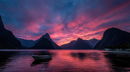 A vibrant evening sky glows above a solitary boat in the foreground of towering mountainsの素材