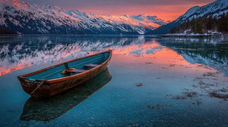Boat anchored in crystal waters reflects mountains and sunrise hues in a peaceful morning settingの素材