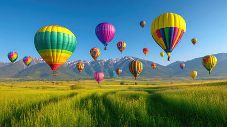 A wide green meadow filled with floating solar balloons absorbing sunlight under a blue skyの素材