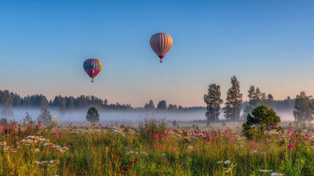 Dew-covered meadow at dawn with rising solar balloons catching the morning raysの素材