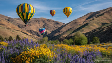 Dynamic landscape shot of solar balloons casting shadows on flowers and hill slopesの素材